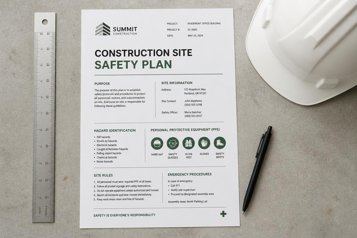 Construction site safety plan with hard hat and ruler